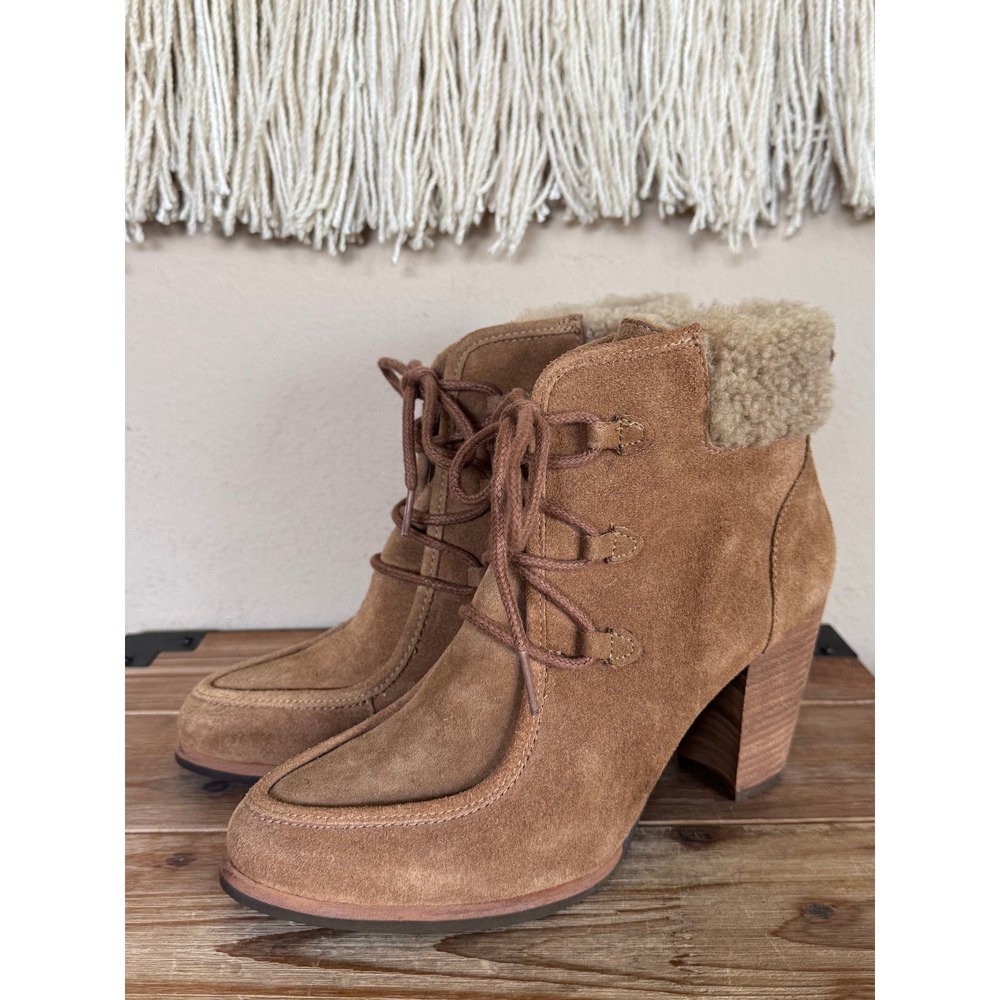 UGG Analise Tan Suede Leather Shearling Collar Lace Up Heeled Ankle Boot Size 9